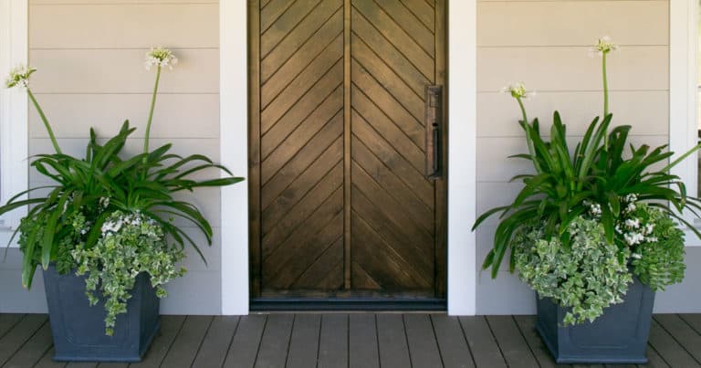 Beautiful chevron-patterned wooden doorway flanked by Queen Mum Agapanthus on a brick entryway at Southern Living Idea House