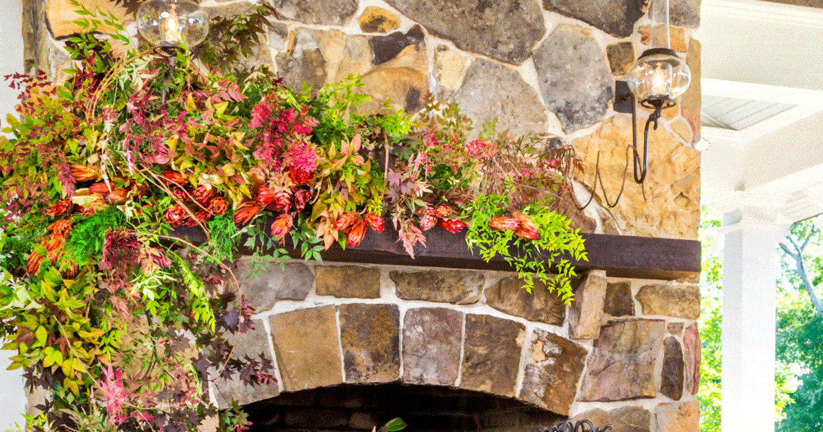 Fall foliage color with Southern Living Nandinas, willow wreath swag and fall leaves