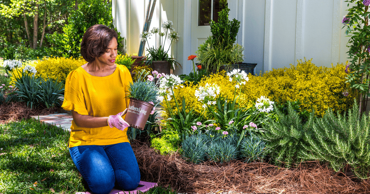 A person kneels in a garden holding a potted plant surrounded by various blooming flowers and greenery.