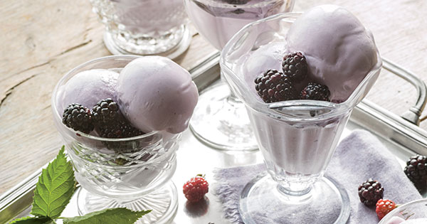 Clear glass sherbert containers full of homemade blackberry gelato