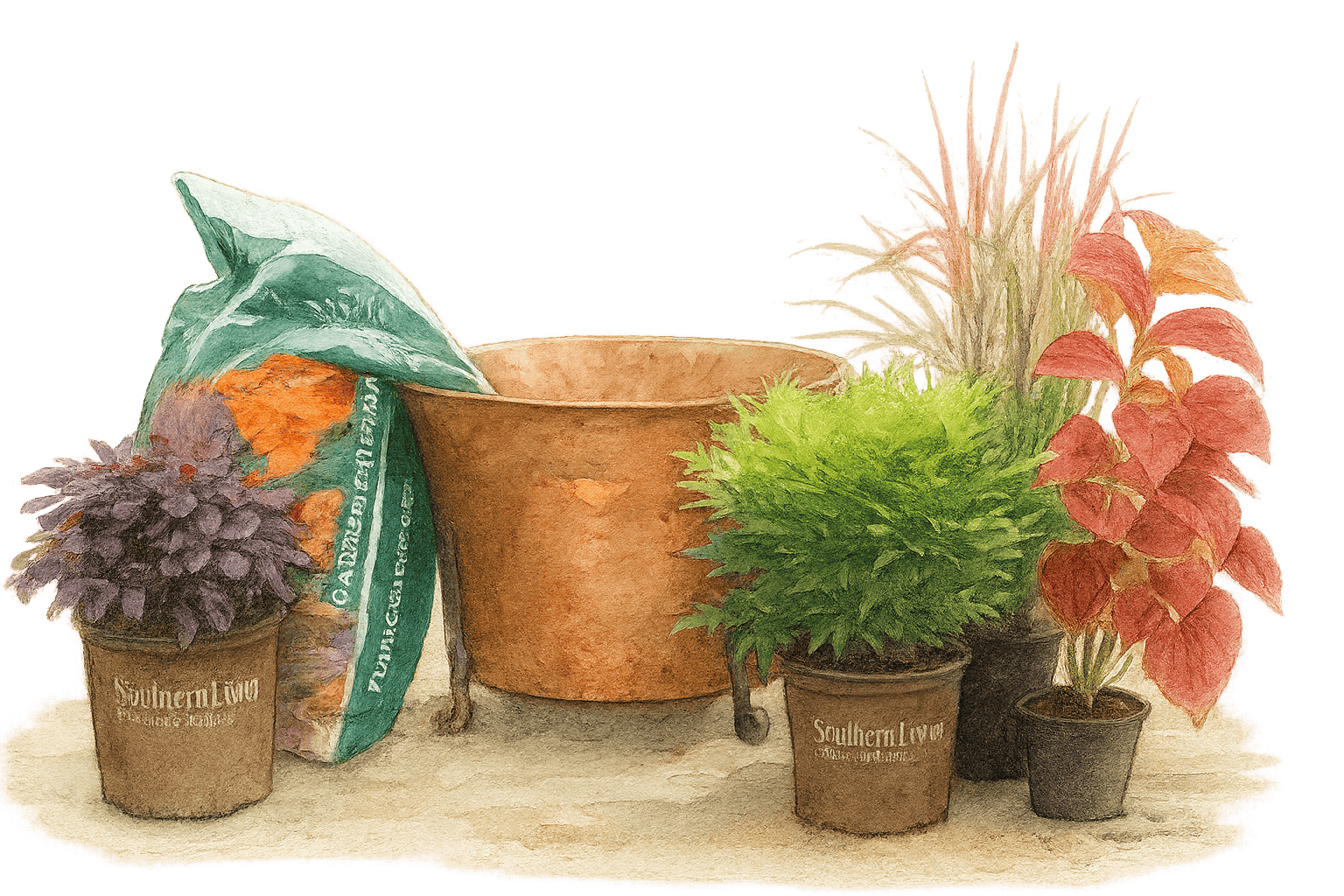 Watercolor-style illustration of fall container gardening materials, including a large copper planter, a bag of potting mix, and five vibrant plants in nursery pots. Featured plants include deep purple ornamental foliage, bright green evergreen shrub, feathery ornamental grass, and bold red coleus. All items are arranged in warm, soft lighting on a neutral surface.