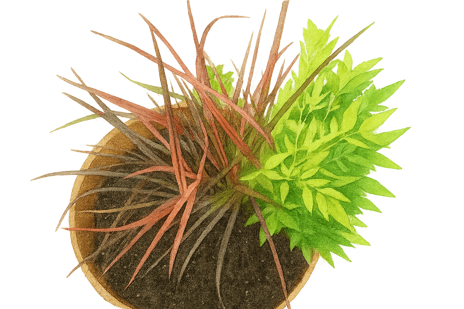 Watercolor-style top-down view of a round planter containing two contrasting plants. On the left, spiky red and purple ornamental grass fans outward; on the right, bright green leafy foliage provides soft texture. The dark soil in the planter is partially visible, set against a warm gradient background.