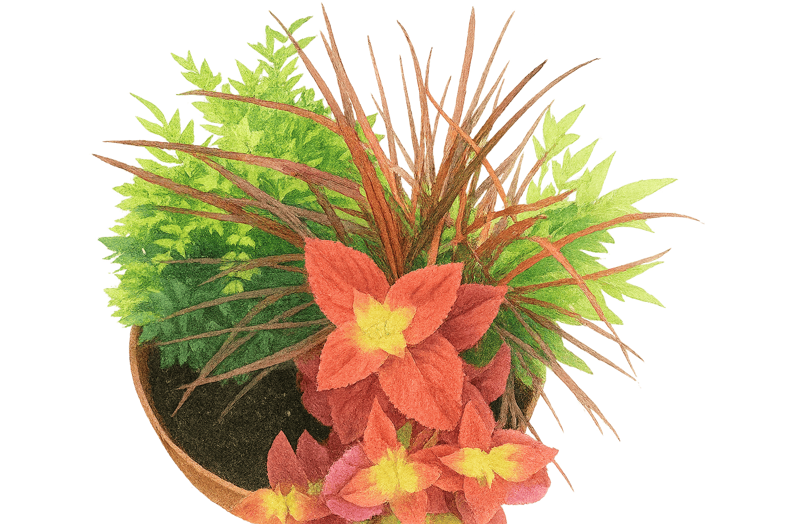 Watercolor-style top-down view of a mixed fall planter. A round container holds vibrant red and yellow coleus in the foreground, flanked by spiky reddish-purple ornamental grass and soft green foliage. The diverse leaf shapes and rich colors create a lush, seasonal arrangement on a white background.