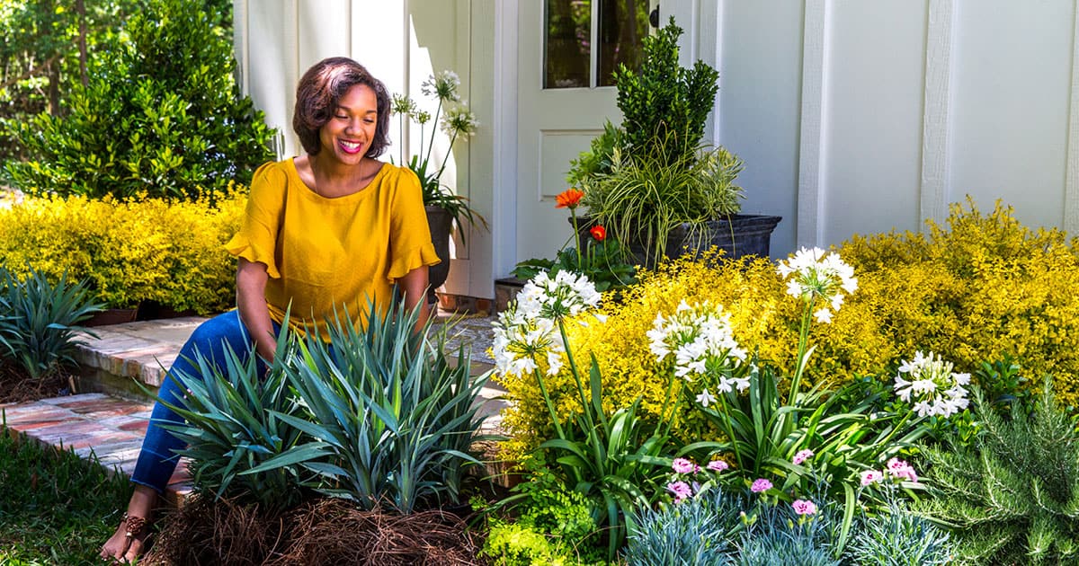 Woman in yellow shirt admiring her garden of Southern Living plants including Sunshine Ligustrum