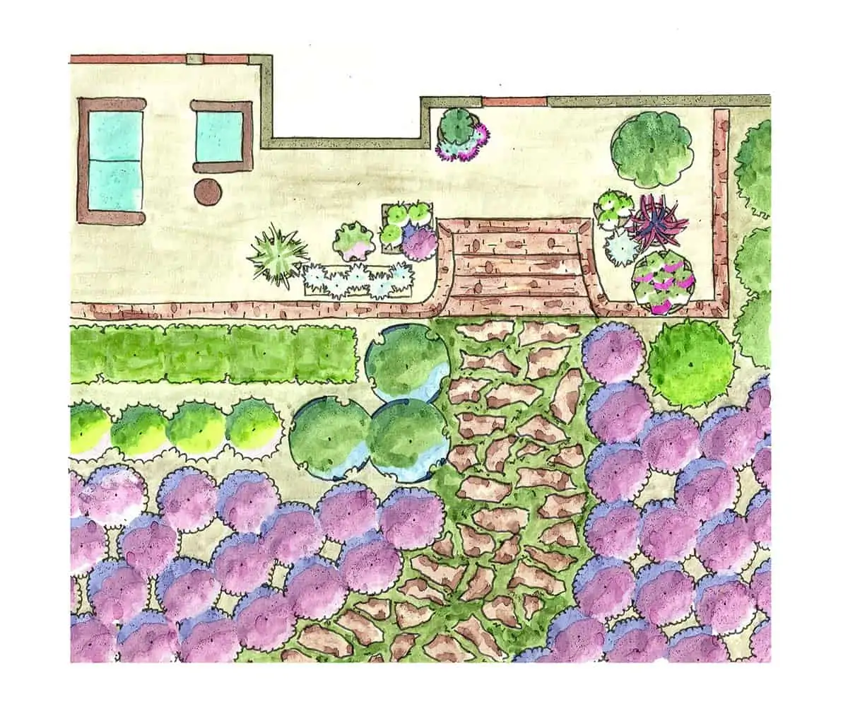 Illustrated garden plan featuring a pathway leading to a patio area with two small pools, surrounded by various plants and flowers, predominantly shaded in green and purple hues.