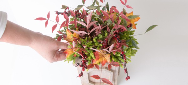 Hand inserting Nandina foliage into Thanksgiving centerpiece