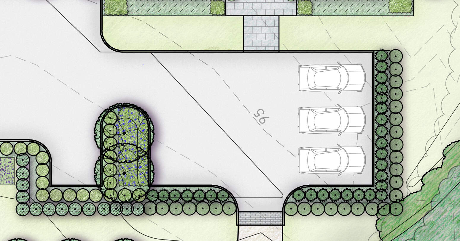 Landscape plan of the 2025 Southern Living Idea House Arrival Court, featuring a three-car driveway bordered by layers of evergreen shrubs, including Jubilation™ Gardenia. Two large round shrubs in the center island represent DownHome Harvest® Bless Your Heart® Blueberry bushes. Curved planting beds and paver pathways connect to the front entry.