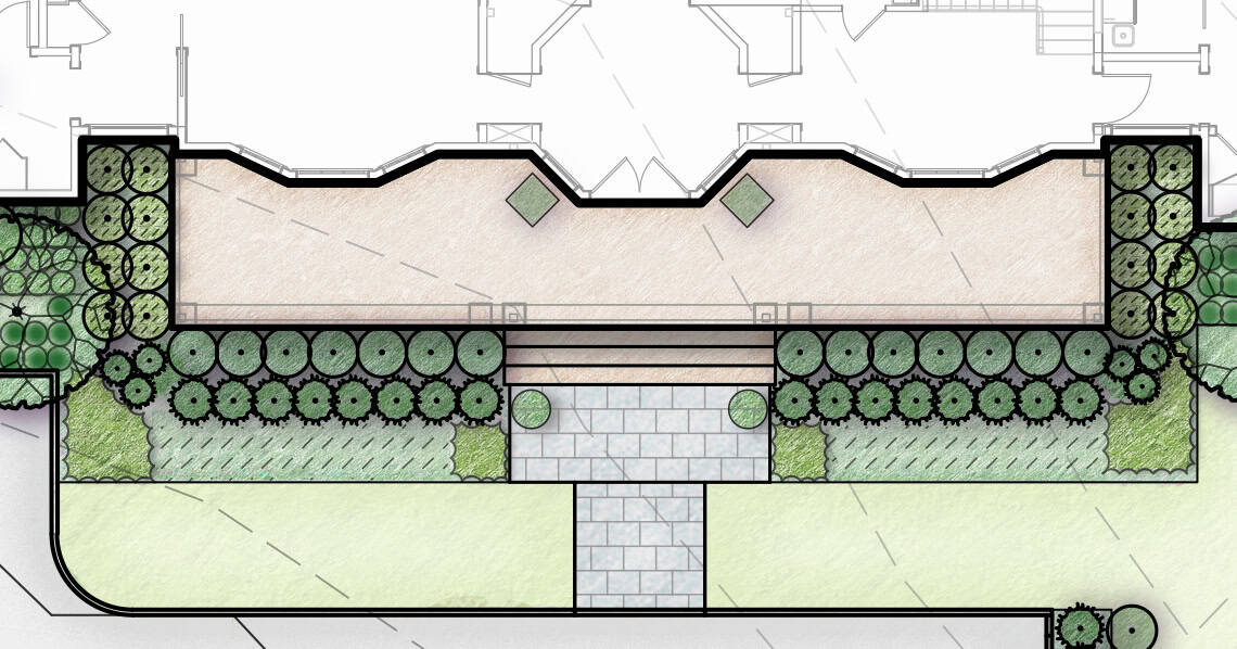 Architectural landscape plan of the front entry and foundation garden at the 2025 Southern Living Idea House. The symmetrical design features formal layered plantings with rows of Better Boxwood™ ‘Babylon Beauty’ framing the walkways and central staircase. Behind the boxwoods, Sweet Starlight™ Hydrangea and White Wedding® Hydrangea add seasonal color, while Diamond Spire® Gardenia provides evergreen structure and fragrance. The plan showcases a clean, balanced layout with a wide stone path and rectangular terrace bordered by ornamental plantings.