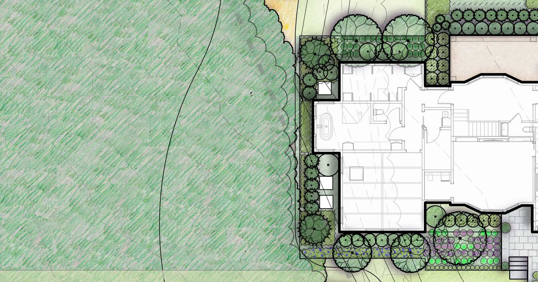 Architectural landscape plan of the West Side Foundation area of the 2025 Southern Living Idea House. The design features layered foundation plantings arranged along the home’s west-facing wall. Notable plantings include October Magic® Orchid™ Camellia providing evergreen structure and seasonal blooms, Miss Scarlett® Illicium offering bold foliage and red flowers, and ‘Snowcicle’ Oakleaf Hydrangea for textural contrast and summer blooms. Compact Yewtopia® Plum Yew adds low evergreen massing, while groupings of ‘Pink Fizz’ Heucherella deliver groundcover color at the foundation edge. A curved path winds through the wooded perimeter with tree canopy coverage.