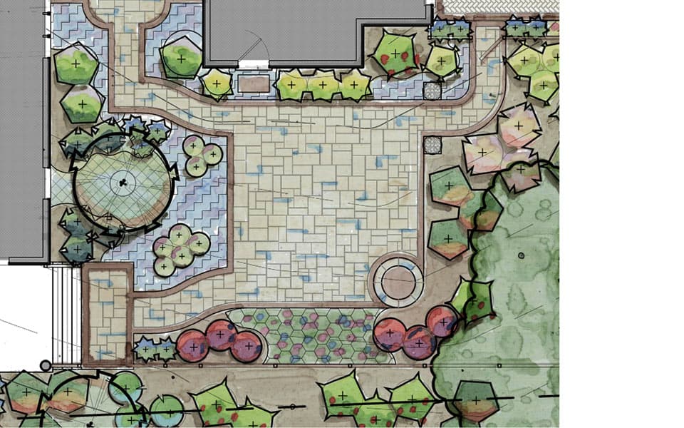 Landscape architect rendering of a garden plan of the courtyard garden at Southern Living Idea House
