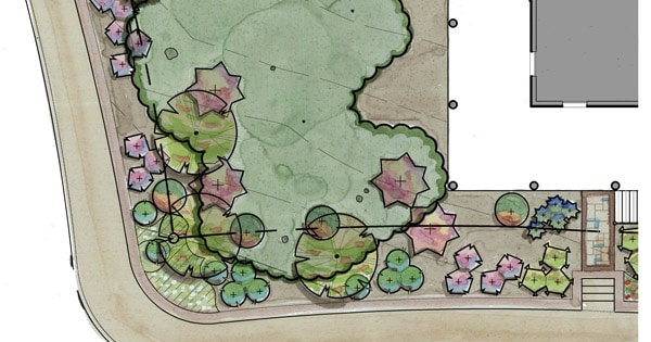 Landscape architect rendering of a garden plan of the First Impressions garden at Southern Living Idea House