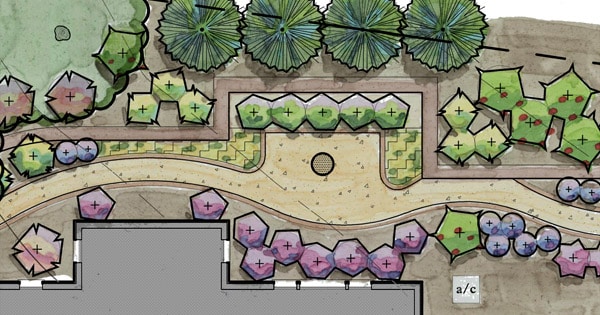 Landscape architect pencil drawing of landscape to be planted with Southern Living plants