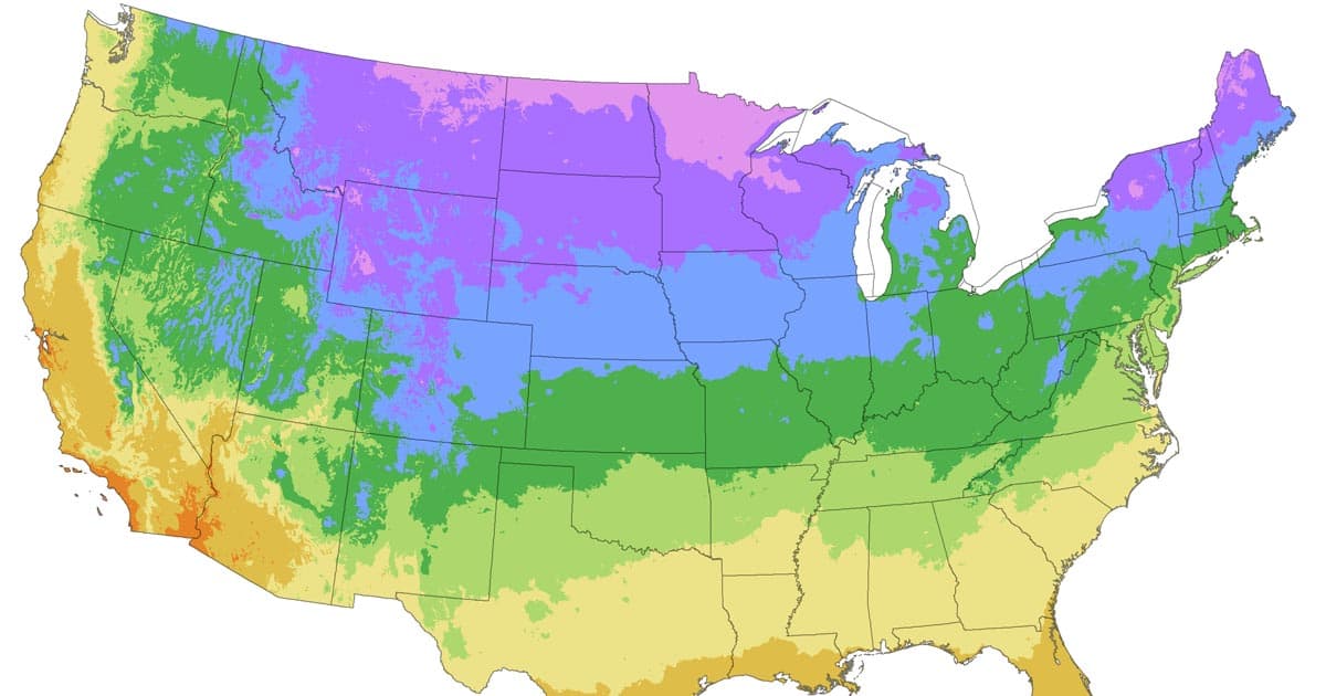 USDA Plant Hardiness zone map of the Continental United States with temperatures